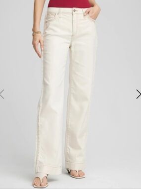 Chico's Natural Cream Straight-Leg Jeans with Frayed Side Trim And Quilted Yoke.